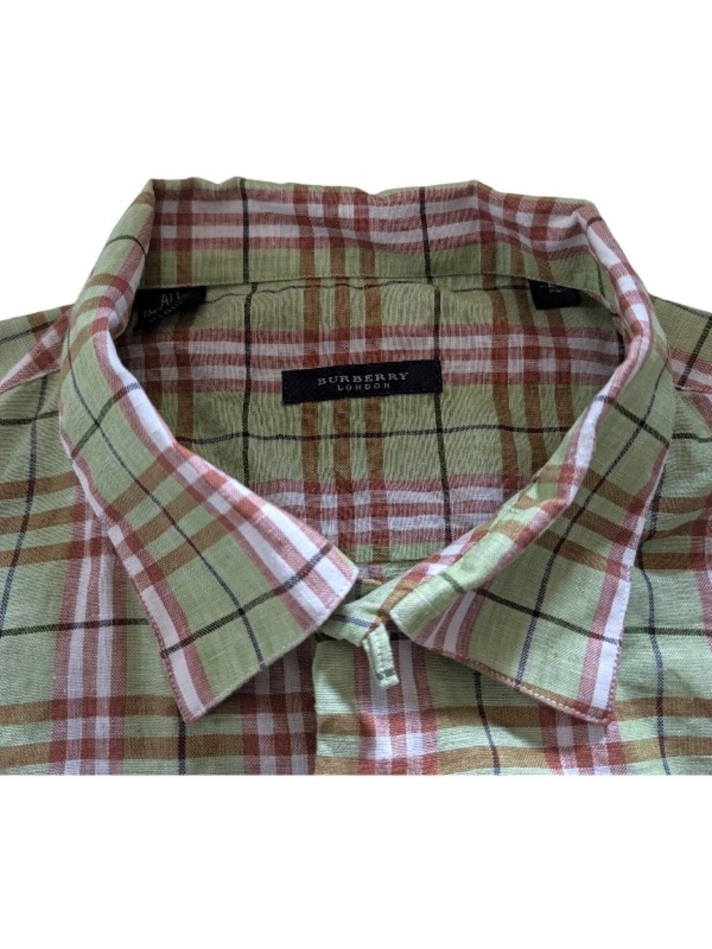 Burberry London Men's Green Multicolor Plaid Linen Short Sleeve Button-Up Shirt